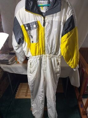 Vintage Kaelin Women's Yellow & White Ski Suit Jacket - Insulated Snow Jacket